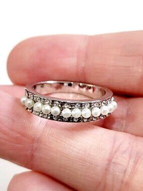 Silver plated ring with mini pearls and faux diamonds